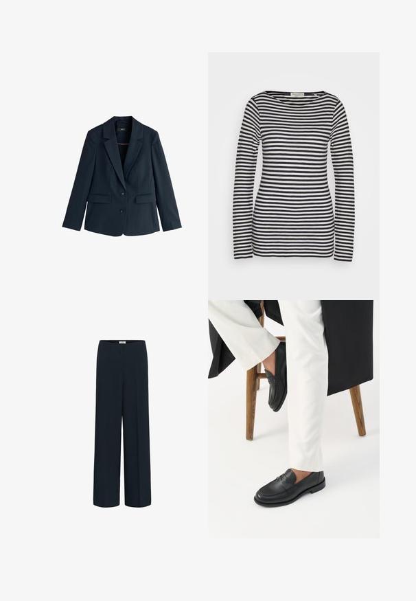 Marineblauw op maat gemaakte blazer met inkepingkraag, twee knopen, lange mouwen en klepzakken op een witte achtergrond.; Top met lange mouwen van katoen, met horizontale marineblauwe en witte strepen, ronde hals, strakke pasvorm, met een gladde textuur en minimalistisch ontwerp.; Navy wijde broek gemaakt van een zachte stof. Heeft een hoge taille en strakke lijnen zonder zichtbare sluitingen of versieringen.; Persoon die zwarte leren loafers en witte broek draagt, zittend op een houten kruk tegen een witte achtergrond.
