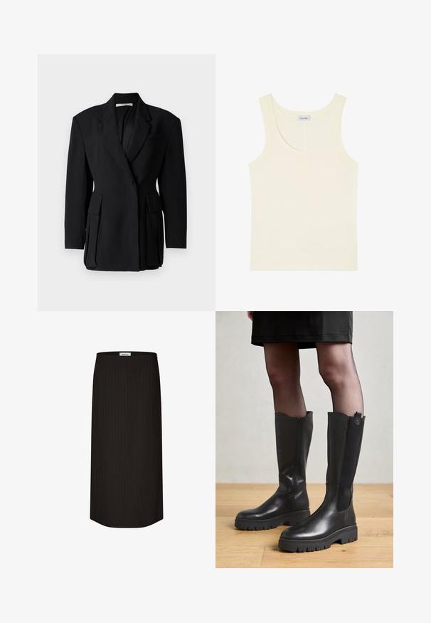 Zwarte blazer met een enkelvoudig ontwerp, met ingeknipte revers, dubbele voorzakken en een gestructureerde stofafwerking.; Roomkleurige mouwloze tanktop met een ronde halslijn en een klein merklabel aan de binnenkant aan de achterkant.; Zwarte kokerrok met verticale streepjes, gladde textuur, knie-lange ontwerp en een rits aan de zijkant.; Zwarte kniehoge laarzen met een gladleren buitenkant, elastische zijpanelen en een chunky rubberen zool met een gestructureerd profiel.