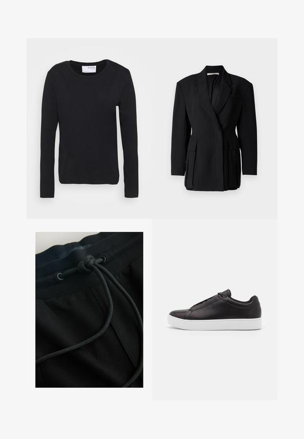 Blazer noir avec un design à un seul boutonnage, des revers crantés, deux poches avant plaquées et une finition en tissu texturé.; T-shirt noir à manches longues en coton doux, avec un col rond et un design simple et sans couture, sans motifs ni accents.; Un pantalon de jogging noir avec une taille à cordon de serrage et un tissu texturé, mettant l'accent sur des lignes épurées et un design minimaliste.; Baskets en cuir noir avec une finition lisse, présentant un design basses et une épaisse semelle en caoutchouc blanc. Détails de couture subtils sur le côté.