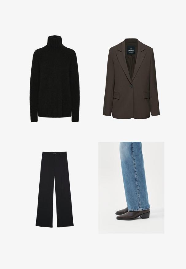 Mørkebrun enkelknappet blazer med hakkede revers og forlommer med klap, mærke Pull&Bear, størrelse EUR M USA M MEX 28.; Sort turtleneck trøje lavet af blødt, tekstureret materiale; løs pasform med ribbet krave og manchetter. Lange ærmer og ingen synlige mønstre.; Sorte bukser med vide ben, bæltestropper, knaplukning foran og lynlås, lagt fladt på en hvid baggrund.; Brune læderankelstøvler med spids tå og blokhæl, parret med lysblå lige ben jeans, der fremviser et rent og enkelt design.
