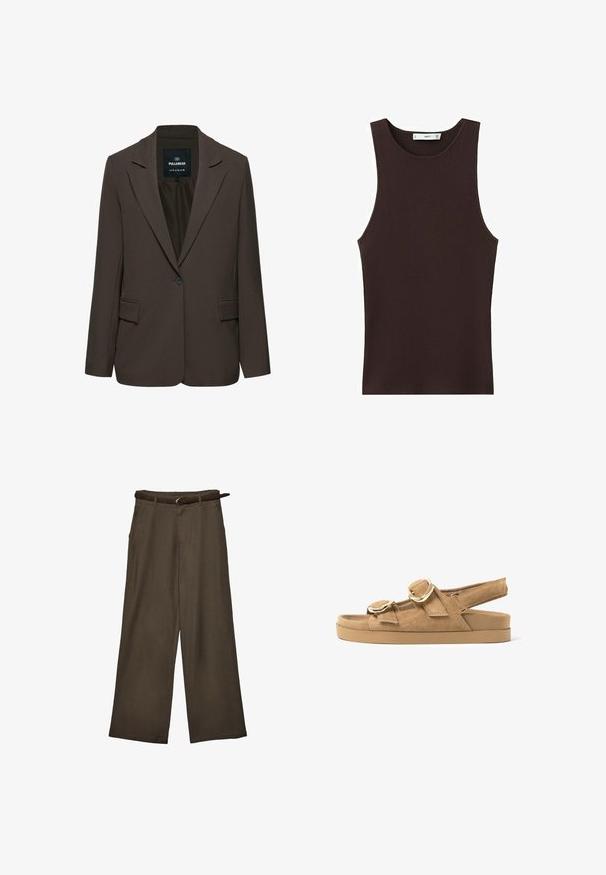 Blazer marron foncé à un bouton avec revers crantés et poches à rabat devant, étiquette Pull&Bear, taille EUR M USA M MEX 28.; Débardeur côtelé sans manches de couleur brun foncé avec encolure ronde, coupe ajustée, et petite étiquette de marque à l'intérieur du col.; Pantalon marron à jambes larges avec une ceinture marron assortie, présenté à plat sur fond blanc.; Sandale plate en daim beige avec deux larges brides dotées de boucles dorées et une bride arrière réglable sur une semelle épaisse en caoutchouc.