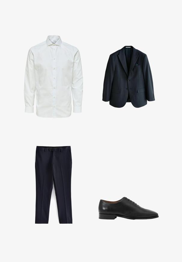 Blazer azul marino oscuro en tejido texturizado, con dos bolsillos frontales, cierre de un solo botón y solapas de pico. Incluye un pañuelo de bolsillo.; Camisa blanca de vestir de manga larga con botones en la parte delantera y cuello puntiagudo, mostrada sobre un fondo blanco.; Next SLIM FIT ESSENTIAL - Pantalón de traje - navy; Zapato Oxford formal de hombre de cuero negro con cordones cerrados y tacón bajo, mostrado en perfil lateral sobre fondo blanco.