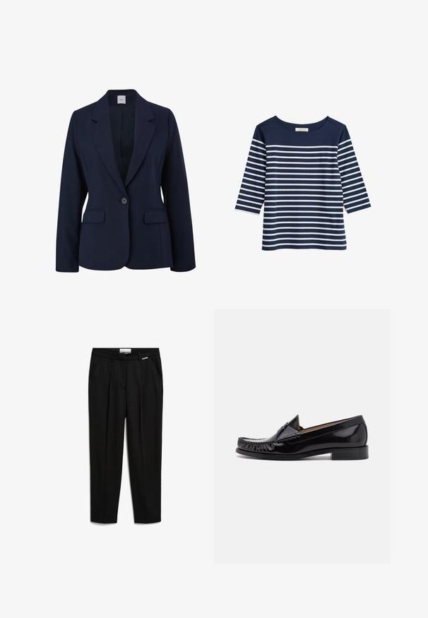 Navyblauer Blazer aus glattem Stoff, mit einem einzelnen Knopfverschluss, Reverskragen und zwei vorderen Taschen. Einfaches, strukturiertes Design.; Navyblaues Baumwolloberteil mit 3/4-Ärmeln, das horizontale weiße Streifen aufweist. Runder Halsausschnitt und entspannte Passform. Glatte Textur.; Schwarze Hose aus glattem Stoff, mit geradem Beinanschnitt, seitlichen Taschen und einem dezente Markenakzent am Bund.; Schwarze Leder-Mokassins mit glänzender Oberfläche, ausgestattet mit Fransenverzierungen an der Vorderseite und einem niedrigen, gestapelten Absatz.