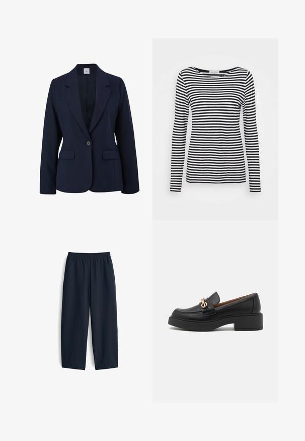 Navyblauer Blazer aus glattem Stoff, mit einem einzelnen Knopfverschluss, Reverskragen und zwei vorderen Taschen. Einfaches, strukturiertes Design.; Langärmliges T-Shirt mit Rundhalsausschnitt, das ein schwarz-weiß gestreiftes Muster aufweist. Aus weicherm Stoff und mit regulärer Passform gefertigt. Sauberes, minimalistisches Design.; Marineblaue Hose aus glattem Stoff, mit elastischem Bund, zwei Seitentaschen und einem entspannten Schnitt mit geraden Beinen.; Schwarzer Leder-Slipper mit einer klobigen Plateausohle, verziert mit einer goldfarbenen Kettenakzent und sichtbaren Nahtdetails. Glatte Textur und elegantes Design.