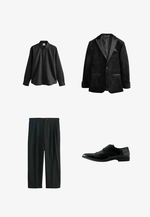 Veste de smoking en velours noir avec revers en satin, fermeture à un bouton et deux poches avant. Comprend un mouchoir de poche et une texture douce.; Chemise noire à manches longues avec une texture subtilement imprimée, ouverture à boutons sur le devant et col. Le tissu semble lisse et léger.; Pantalon noir à jambes larges avec plis à la taille et ceinture en tissu assortie sur fond blanc uni.; Chaussure Oxford pour homme en cuir verni noir, avec détail brogue à bout golf, fermeture à lacets, vue de côté sur fond blanc.