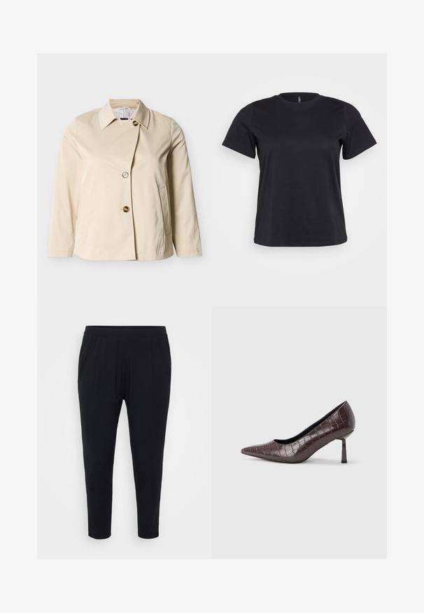Beige letvægtsjakke med lange ærmer, krave, to forreste knapper og sidelommer med slidser, vist mod en ensfarvet hvid baggrund.; Sort bomulds-t-shirt med korte ærmer, rund halsudskæring, afslappet pasform og glat tekstur. Ingen synlige grafik eller mønstre.; Sorte bukser med en afslappet pasform, elastisk talje og diskrete plader. Fremstillet af et blødt materiale, med tætsiddende ben og uden lommer.; Brune kunstlæder stiletter med spidse tæer og krokodilletekstur, der har en slank, vinklet hæl og en glat inderside.
