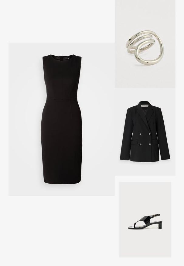 Sort dobbeltradet blazer med skarpe revers, to forlommer og seks dekorative knapper. Glat stof med en skræddersyet pasform.; MARCIANO BY GUESS ZIP MIDI DRESS - Jerseykjole - black; Sort laklæder damesandal med lav blokhæl, åben tå, strop bag hæl og lille guldlukning på ensfarvet baggrund.; Poleret sølv åben spiralring med glatte, afrundede bånd, der krøller i et abstrakt, moderne design på en hvid baggrund.