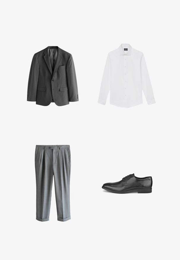 Blazer gris de tejido texturado, con cierre de un solo botón, solapas de muesca y bolsillo en el pecho. Incluye dos bolsillos frontales.; Camisa de vestir masculina blanca de manga larga con cuello clásico y cierre de botones en la parte delantera, mostrada extendida sobre un fondo blanco.; Pantalones grises a medida con pliegues delanteros, bolsillos laterales, cierre de botones, trabillas para cinturón y bajos doblados, mostrados sobre un fondo blanco.; Zapato de vestir de hombre de cuero negro con cordones, tacón bajo y acabado pulido liso, mostrado desde el lado exterior.