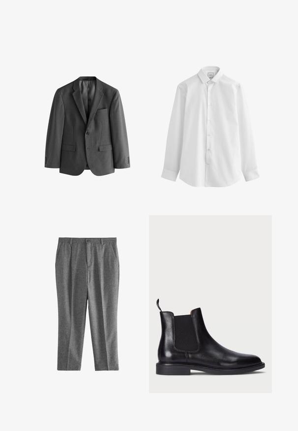 Grauer Blazer aus strukturiertem Stoff, mit einem Ein-Knopf-Verschluss, Reverskragen und einer Brusttasche. Zwei vordere Taschen sind ebenfalls enthalten.; Next EASY CARE SLIM FIT SINGLE CUFF - Hemd - white; Grau farbene Hose aus strukturiertem Stoff mit geradem Bein, zwei vorderen Taschen und einem einzigen Knopfverschluss.; Schwarze Leder Chelsea-Stiefel mit elastischen Seitenteilen, strukturiertem Finish, abgerundeter Spitze und niedrigem, gestapeltem Absatz. Verfügt über eine Zuglasche für leichtes Anziehen.