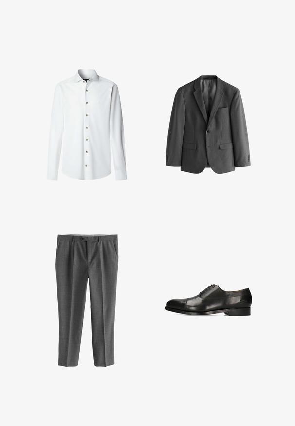 Grå blazer lavet af tekstureret stof, med en enkelt knaplukning, stiklapeller og en brystlomme. To forlommer inkluderet.; Hvid langærmet skjorte lavet af glat stof med knaplukning fortil. Har en klassisk krave og messingfarvede knapper langs knapstolpen.; Grå bukser lavet af tekstureret stof, med lige ben, forlommer og knaplukning.; Sort læderherresko med kappe, snørebåndsdesign, glat tekstur og lav stablet hæl. Minimalistisk branding på siden.