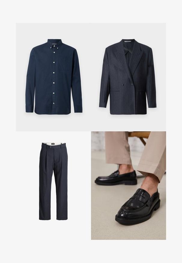 Blazer de rayas navy de doble botonadura con solapas anchas, hecho de una tela texturizada. Presenta bolsillos parche y dos botones.; Camisa de manga larga de color azul marino hecha de una tela ligera, con cuello de camisa, bolsillo frontal y botones blancos. Textura suave.; Pantalones formales de raya diplomática azul marino con presillas para cinturón, pinzas delanteras y cierre de botón en la pretina.; Mocasines de cuero negro con un acabado suave, que cuentan con una correa decorativa y costuras en contraste, combinados con pantalones beiges.
