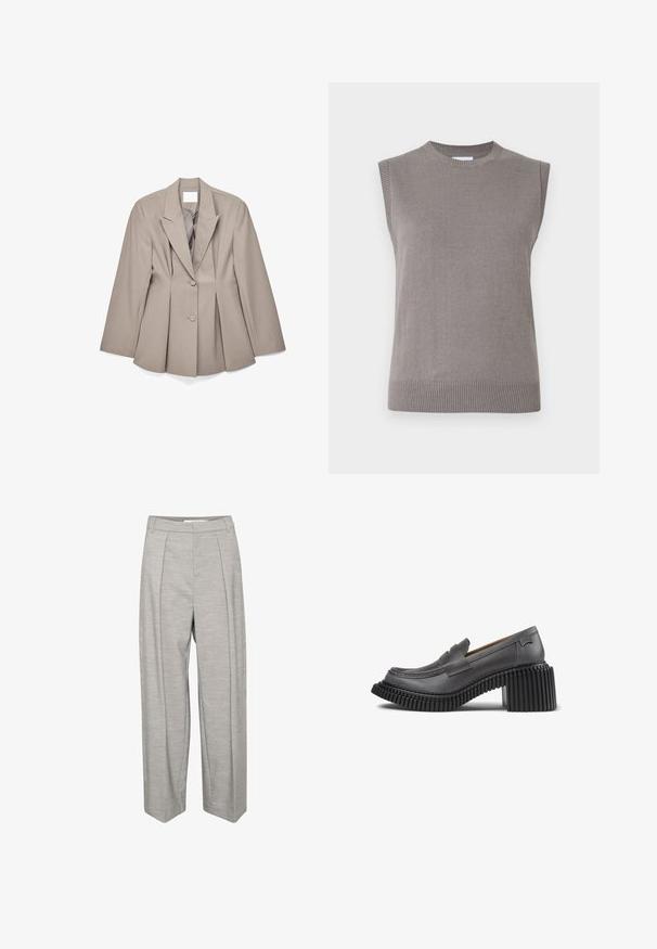Blazer beige a medida con solapas afiladas, dos botones frontales y detalles plisados. Confeccionado en tela suave con un ajuste estructurado.; Suéter de punto gris sin mangas con cuello y dobladillo acanalados. Textura suave, corte recto y diseño minimalista sin adornos.; Pantalones de pierna ancha gris claro con una textura suave, que presentan dos pliegues frontales, una cintura y patas rectas.; Mocasines de cuero gris con punta redondeada, tacón negro estriado y costuras decorativas. Ligeramente elevados con una banda detallada en la parte delantera.