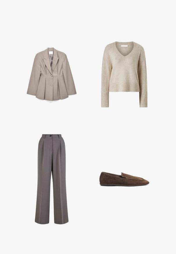 Beige skræddersyet blazer med skarpe revers, to forreste knapper og plisserede detaljer. Fremstillet af glat stof med en struktureret pasform.; Beige strikket sweater med v-hals, lange ærmer og ribbede manchetter og kant. Blød tekstur, cropped pasform og minimal detaljering.; Bredbukser i gråt stof med for-pletninger, en enkelt knaplukning og sidelommer. Glat tekstur og skræddersyet design.; Brune herre loafers i ruskind med spids tå og lav sort gummisål, vist i sideprofil på hvid baggrund.