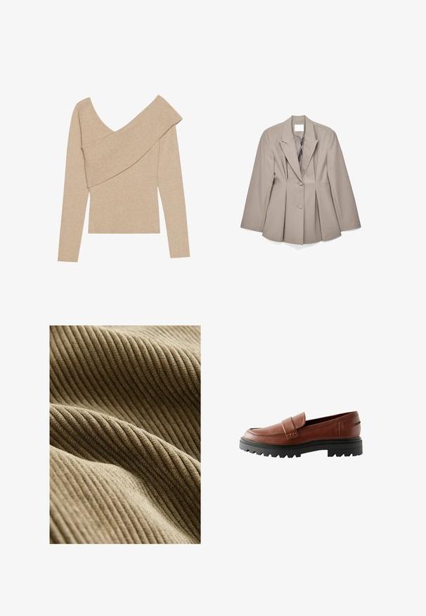 Béžové sako na mieru s ostrými klopami, dvoma prednými gombíkmi a záhybmi. Vyrobené z hladkej látky so štruktúrovaným strihom.; Even&Odd by Zalando Svetrík - mottled beige; Hnedá rebrovaná tkanina s jemným, textúrovaným povrchom, na ktorom sú zobrazené vertikálne pruhy, vytvárajúce hĺbku s malými odchýlkami vo farbe.; Hnedé kožené loafers s vyvýšenou špičkou, dekoratívnym remienkom a textúrovanou čiernou gumovou podrážkou s výrazným dezénom.