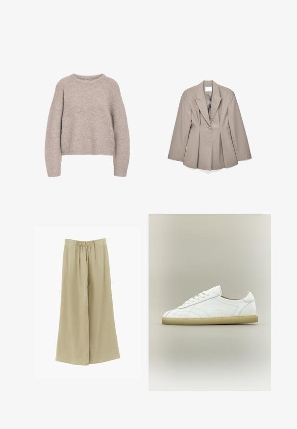 Beige skræddersyet blazer med skarpe revers, to forreste knapper og plisserede detaljer. Fremstillet af glat stof med en struktureret pasform.; Lys beige strikket sweater med en afslappet silhuet, rund halsudskæring og lange ærmer. Tekstureret, blødt materiale med et hyggeligt udseende.; Beige bukser med vide ben, elastik i taljen og blødt stof, designet til en løs og behagelig pasform.; Hvid lavtop lædersneaker med beige sål, snøredesign og subtile syede mønstre på neutral baggrund.