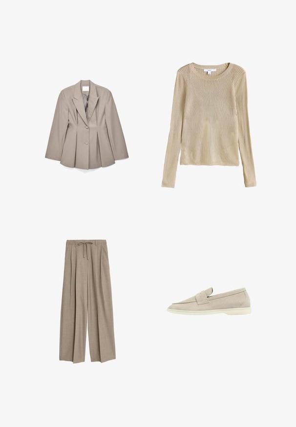 Beige skræddersyet blazer med skarpe revers, to forreste knapper og plisserede detaljer. Fremstillet af glat stof med en struktureret pasform.; Beige ribstrikket langærmet sweater med rund halsudskæring og slim fit, vist fladt med synligt mærke ved kraven.; Beige højtaljede bukser med en afslappet pasform, der har pletter og en snøre i taljen. Materialet ser ud til at være tekstureret og let.; Lys beige suede loafers med en lav hvid sål, afrundet tå og en syet rem henover toppen.