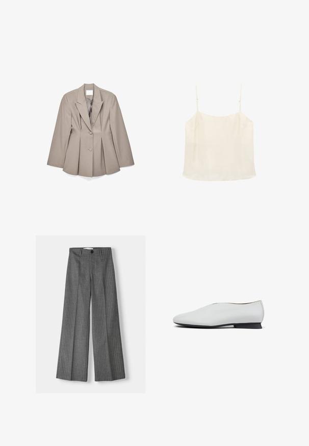 Beige op maat gemaakte blazer met scherpe revers, twee knopen aan de voorkant en geplooide details. Gemaakt van gladde stof met een gestructureerde pasvorm.; Crèmekleurig mouwloos camisettopje met dunne verstelbare bandjes en een rechte halslijn op een witte achtergrond.; Grijze wijde broek met een streepjespatroon, voorzien van een knoopsluiting en twee voorkleppen. Gemaakt van gestructureerde stof.; Witte leren schoen met een afgeronde neus en lage zwarte hak, met een gladde textuur en een eenvoudige, elegante uitstraling.