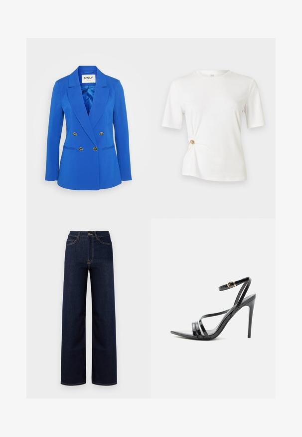 Blazer bleu à double boutonnage en tissu lisse, doté de boutons dorés, de revers notés et de deux poches avant.; T-shirt blanc en tissu doux, avec des manches courtes et un design torsadé à la taille agrémenté d'un détail circulaire doré.; Jeans en denim bleu foncé à jambes larges, avec une taille haute, quatre poches et des coutures contrastantes le long des coutures.; Sandale noire à talon haut avec de fines brides sur les orteils et la cheville, avec une boucle dorée sur un talon aiguille élancé.
