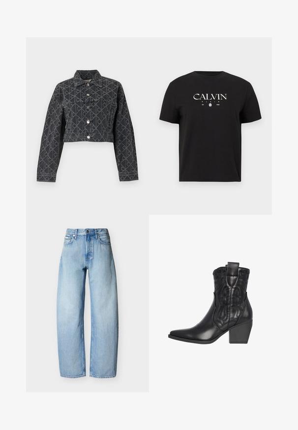 Sort cropped denimjakke med geometrisk mønster, sølvfarvede knapper og klassisk krave; har lange ærmer og et struktureret design.; Sort T-shirt med korte ærmer og hvidt "CALVIN KLEIN Est. 1968"-logo samt lille grafik foran i midten.; Lyseblå straight-leg denim jeans med fem lommer, bæltestropper og lukning med knap foran.; Sort læder cowboystøvle med spidse tæer, præget stjerne og blomsterdesign, samt en kraftig hæl for stabilitet. Har trækhank for nem påklædning.