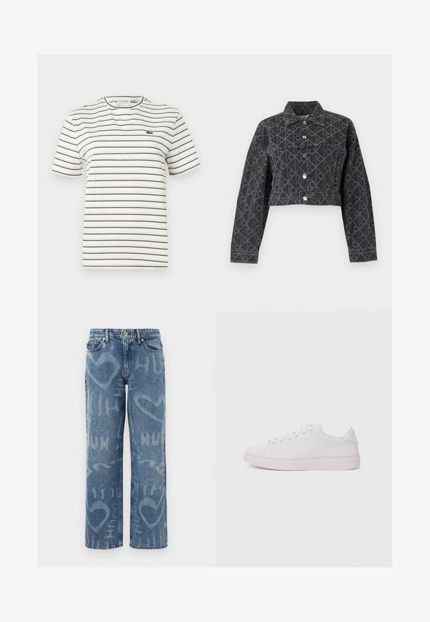 Schwarze kurze Jeansjacke mit einem geometrischen Muster, silbernen Knopfverschlüssen und einem klassischen Kragen; verfügt über lange Ärmel und ein strukturiertes Design.; Gestreiftes T-Shirt in Weiß mit dünnen olivgrünen Linien. Hat einen Rundhalsausschnitt, kurze Ärmel und ein kleines Lacoste-Logo auf der Brust.; Weit geschnittene blaue Jeans aus Denim mit verwaschenem Look, weißen Herz- und Schriftmustern, fünf Taschen und einem Standard-Knopfverschluss.; Weißer Sneaker mit einem oberen Teil aus glattem Leder, runder Zehenpartie und flacher Gummisohle. Verfügt über eine Schnürung und ein dezentes Logo an der Seite.
