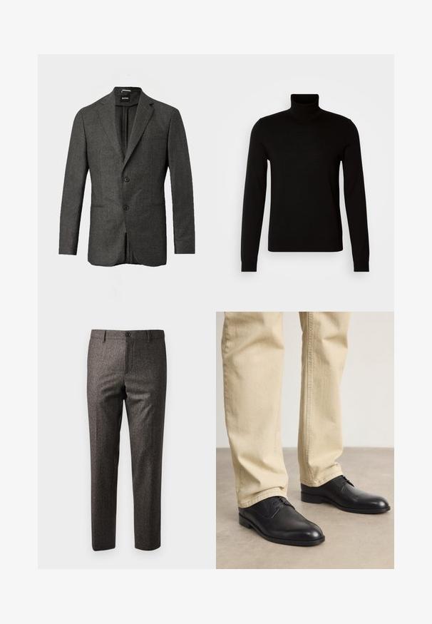 Blazer pour homme gris foncé avec deux boutons à l'avant, revers crantés et poche poitrine, présenté sur un fond clair uni.; Pull col roulé noir en tissu tricoté fin, doté de manches longues et d'une silhouette ajustée. Texture lisse avec des poignets côtelés.; Pantalons marron à chevrons avec une coupe slim, dotés d'une fermeture à bouton à l'avant et de poches latérales, fabriqués en tissu texturé avec un léger éclat.; Chaussures noires en cuir à lacets avec un bout arrondi, finition lisse et détails de couture subtils, portées avec un pantalon beige clair.