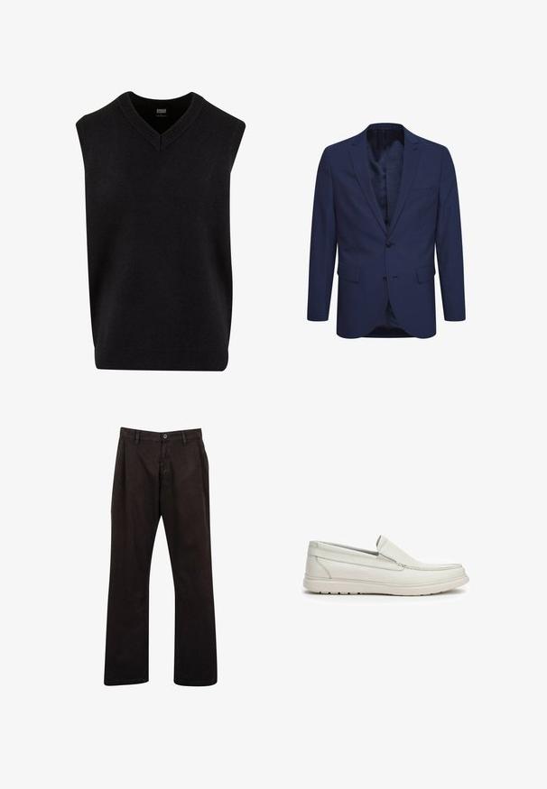 Blazer azul marino hecho de tela texturizada, con cierre de dos botones, solapa con muesca y bolsillos frontales. El interior tiene un forro estampado.; Jersey sin mangas negro con escote en V, hecho de un material suave, que cuenta con un escote y dobladillo de canalé. Diseño simple y clásico.; Pantalones de algodón negros con un diseño de pierna recta, que cuentan con un cierre de botón y bolsillos estándar. Estilo minimalista sin patrones visibles.; Zapatillas de cuero blanco tipo slip-on con una superficie texturizada, punta redondeada y suela de goma plana. Presentan detalles de costura y un diseño de perfil bajo.