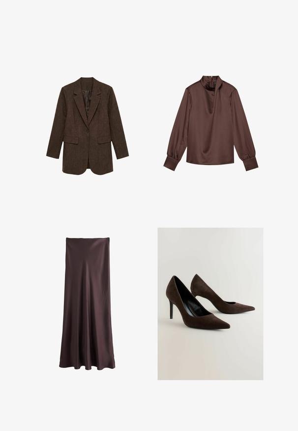 Brauner Ein-Knopf-Blazer mit Kerbkragen und zwei Pattentaschen, flach auf weißem Hintergrund dargestellt.; Braune Satinbluse mit einem schmalen Kragen, langen Ärmeln und gerafften Bündchen. Verfügt über einen subtilen Fall und einen Reißverschluss auf der Rückseite.; Brauner, satinhafter Maxirock mit glatter Textur, ausgestelltem Schnitt und durchgehender Linie vom Bund bis zum Saum. Keine sichtbaren Muster oder Beschläge.; Braune Wildleder-Pumps mit spitzem Zehendesign, die eine elegante Silhouette und einen dünnen Stiletto-Absatz aufweisen. Glatte Innenauskleidung.