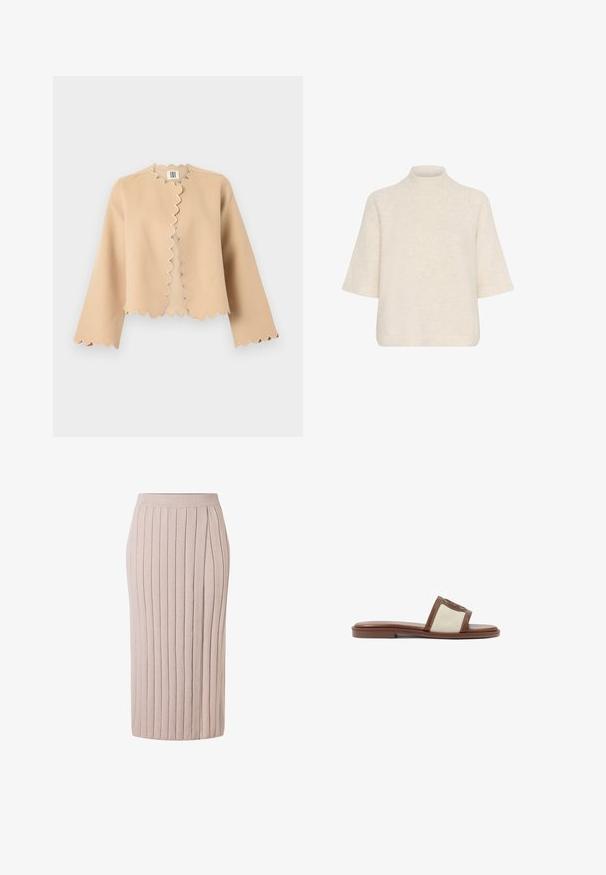 Beige langærmet jakke med åbent frontparti og bølgede kanter langs halsudskæringen, frontåbningen, manchetterne og kanten.; Kaffe KAMARINA - Striktrøje - sandshell cc; Knælang beige ribstrikket nederdel med en tætsiddende talje og vertikale, teksturerede striber, der løber langs hele nederdelens længde.; Brune læderslidesandal med en beige vævet overdel, flad sål og rund tå. Designet inkluderer en logoakcent på remmen.