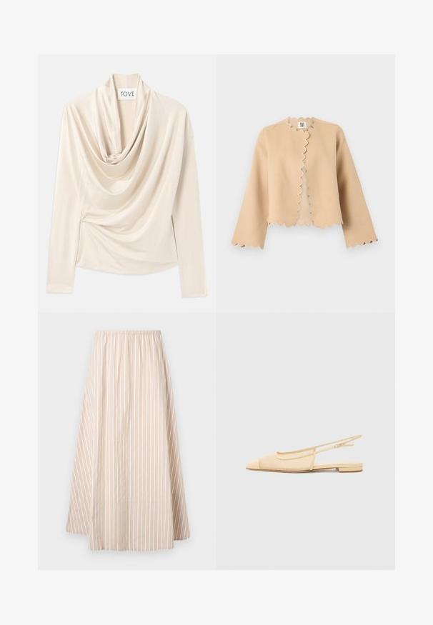 Chaqueta beige de manga larga con abertura frontal y bordes ondulados a lo largo del escote, la apertura frontal, los puños y el dobladillo.; Top beige drapeado con mangas largas, diseño de cuello de cisne y textura suave y lisa. Asegurado en la cintura con sutiles detalles recogidos.; Falda beige en corte línea A con rayas verticales blancas, cintura elástica y longitud desde la rodilla hasta la mitad de la pantorrilla.; Zapato plano tipo slingback en beige claro con parte superior de malla, punta afilada y tacón bajo. Cuenta con una correa ajustable para un mejor ajuste.