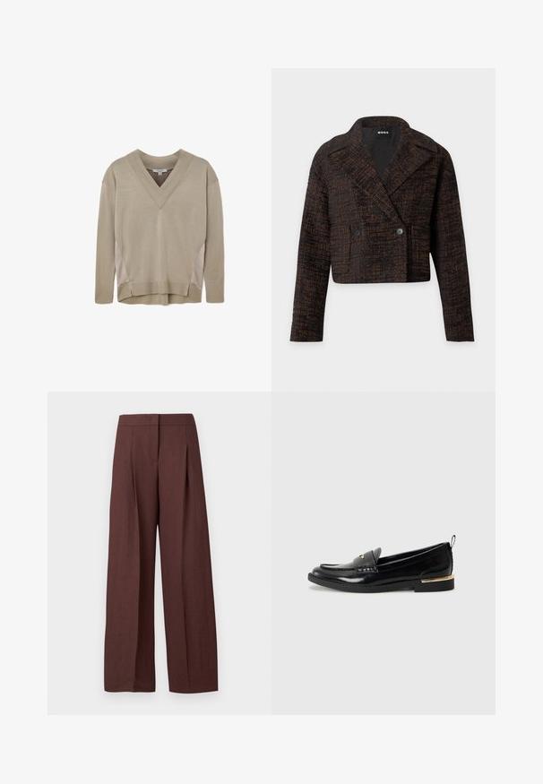 Donkerbruine gestructureerde cropped jas met brede revers, twee knopen aan de voorkant en lange mouwen, met het label BOSS aan de binnenkant van de kraag.; Beige lange mouwen V-hals trui met geribbelde manchetten en zoom, met zijkant accenten en een lichte high-low zoomdetail.; Bruine broek met hoge taille en wijde pijpen, voorzien van plooien aan de voorkant en een verborgen sluiting, weergegeven op een effen witte achtergrond.; Zwarte lakleren loafers met een afgeronde neus, een decoratieve band en een gouden accent op de hak. Gladde textuur met gestikte details.
