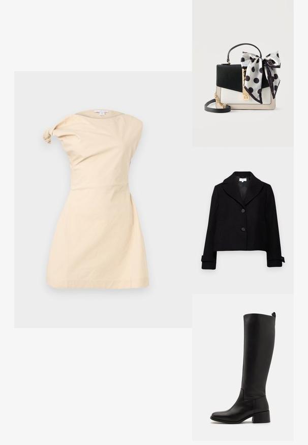 Zwarte cropped jas met een reverskraag, twee knopen aan de voorkant en knoopmanchetten. Gemaakt van stof met een gladde textuur.; Mouwloze beige jurk met asymmetrisch gedetailleerde gedraaide knoop aan de linkerschouder en getailleerde taille, afgebeeld tegen een effen achtergrond.; Zwarte laarzen tot de knie, gemaakt van soepel leer, met een blokhak, ronde neus en een strakke, ongecompliceerde uitstraling.; Zwarte, witte en beige handtas met gouden sluiting en ketting, versierd met een grote witte zijden strik met zwarte stippen aan het handvat.