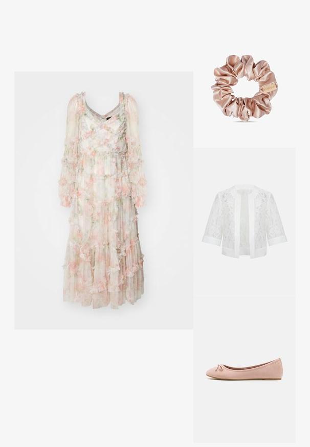Witte kanten open voor jas met 3/4 mouwen en effen bies aan kraag, manchetten, voorranden en zoom.; Needle & Thread IMMORTAL ROSE MAEVE LONG SLEEVE BALLERINA DRESS - Galajurk - moonshine; Ballet flats van zacht rozenhuid-suède met een ronde neus en een klein strikdetail aan de voorkant, met een lage platte zool.; Lichtroze satijnen scrunchie met een klein beige label op een witte achtergrond, met een gladde, glanzende stof en geraffineerde textuur.