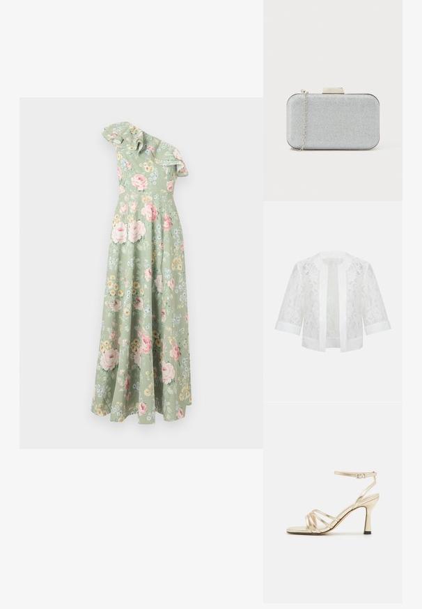 Hvid blonder jakke med åben front og 3/4 ærmer samt ensfarvet kant ved krave, manchetter, forkanter og kant forneden.; Blomster maxi kjole i lysegrønt stof, med en skulderdesign, flæseudskæring og flerfarvede blomstermønstre throughout.; Metallic guld strappy høje hæle sandaler med firkantet tå, ankelsnor og en smal hæl. Har en glat tekstur og minimalistisk design.; Metallisk sølvfarvet rektangulær clutch med en tekstureret overflade, sølvkæde rem og en geometrisk spænde på toppen. Glatte kanter.