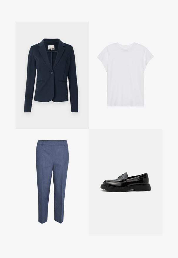 Blazer ajusté bleu marine en tissu lisse, avec une fermeture à un bouton, deux poches avant et un col classique.; T-shirt blanc à manches courtes, col rond, coupe décontractée, en tissu de coton doux. Texture lisse, sans motifs ni logos.; Pantalons sur mesure en tissu bleu foncé avec une texture subtile. Présentent un devant plat, des jambes droites et une taille mi-haute. Pas de poches visibles.; Mocassin noir en cuir brillant avec une semelle épaisse et une bride décorative sur le dessus, sur un fond uni gris clair.
