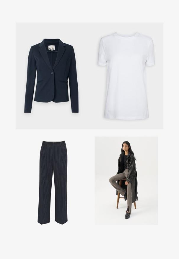 Marineblå skræddersyet blazer lavet af glat stof, med en enkelt knaplukning, to forlommer og en klassisk reverskrave.; Simpel hvid T-shirt med korte ærmer og rund hals, normal pasform og et lille indvendigt mærke på nakken med teksten "SELECTED FEMME."; Mørkeblå bukser med hvide lodrette striber, vide ben, glat stof, bælteløkker og en midtersøm foran for et skræddersyet udseende.; Sort læder trench coat med knapper og bælte detalje, parret med lysebrune tætsiddende bukser og sorte loafers, siddende på en træstol.