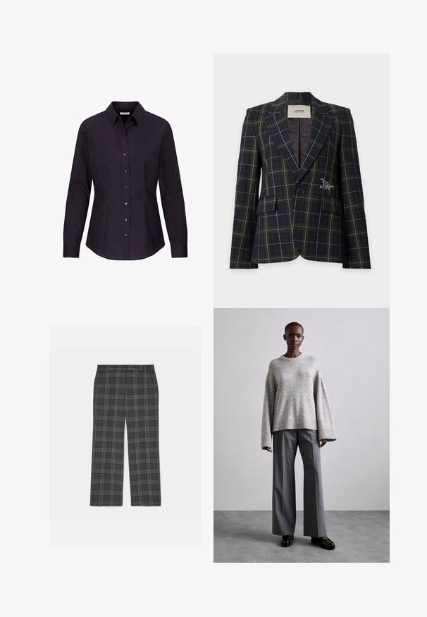 Donker geruit blazer met witte en groene lijnen, enkele knoop, twee klepzakken en klein geborduurd "ZV" logo aan de rechtervoorzijde.; Zwarte damesblouse met lange mouwen, aangesloten pasvorm, knoopsluiting, kraag en naaddetails aan de zijkanten, getoond op een witte achtergrond.; Zwarte en grijze geruite broek met een rechte snit, voorzien van een tailleband en twee zijzakken, gemaakt van een textuurstof.; Grijze gebreide trui met brede mouwen en geribbelde onderrand, gecombineerd met hoge grijze broeken met een subtiel ruitenpatroon en zwarte loafers.