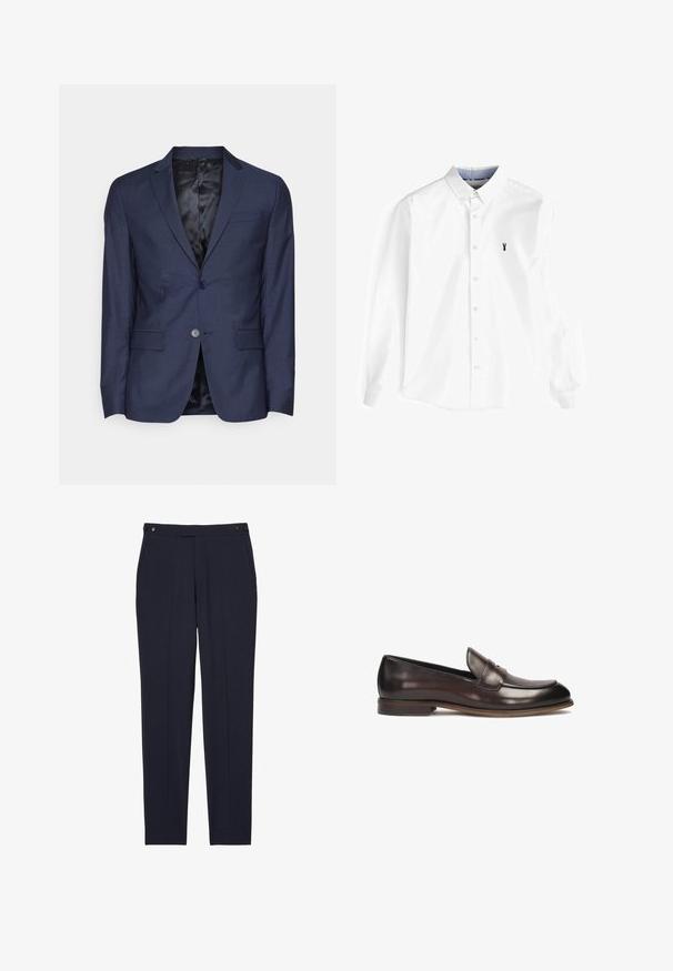 Calvin Klein Tailored MICRO - Colbert - night sky; Witte lange mouwen overhemd van katoen, met een button-down kraag, een voorplacket met knopen en een klein marineblauw kreeftenlogo op de borst.; Marineblauwe broek met een rechte pijp, voorzien van een vlakke voorkant, twee zijzakken en twee zwarte knoopsluitingen bij de tailleband.; Donkerbruine leren loafers met een ronde neus, verhoogde stiksels en een lichte hak. Gladde textuur en klassiek ontwerp.