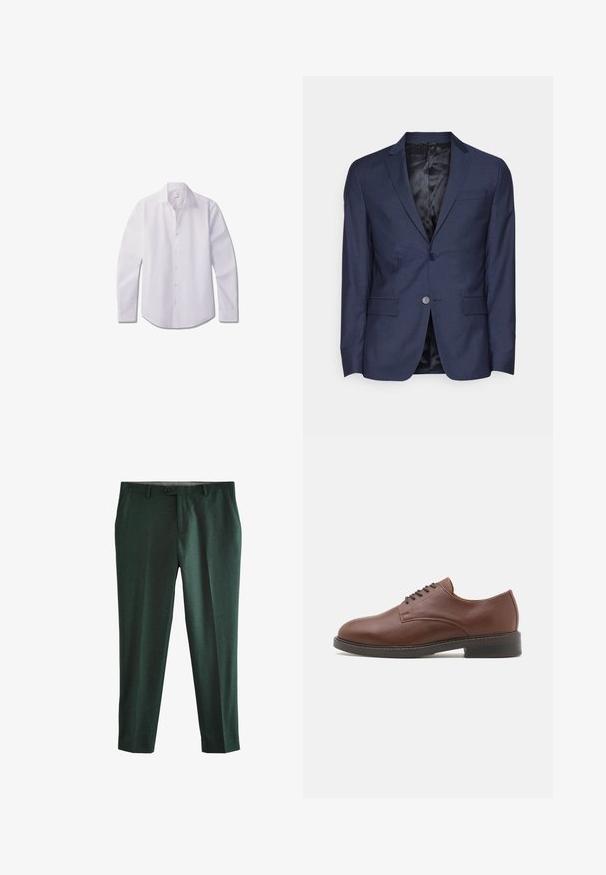 Calvin Klein Tailored MICRO - Jakkesæt blazere - night sky; Hvid langærmet skjorte med knapper, lavet af glat stof, med klassisk krave, front med knapper og rundet kant.; Mørkegrønne skræddersyede bukser med forreste knap, bæltestropper og sidelommer, lige ben pasform.; Brun læder sko til mænd med rund tå, snørelukning og en solid sort gummisål. Glat tekstur med en subtil glans.