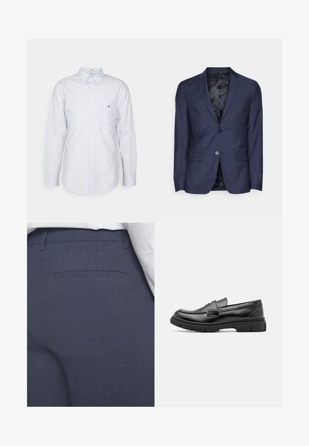 Calvin Klein Tailored MICRO - Jakkesæt blazere - night sky; Lyseblå gingham skjorte med knapper, lange ærmer, krave og lille logo på brystet. Fremstillet af bomuld og med en glat tekstur.; Marineblå skræddersyede bukser lavet af et struktureret stof med en glat front, en diskret baglomme og rene linjer. Ingen synlige beslag eller pynt.; Sort læder loafersko med en bred rem over forfoden, gummisål med tykke mønstre og glat overflade. Klassisk, slankt design.