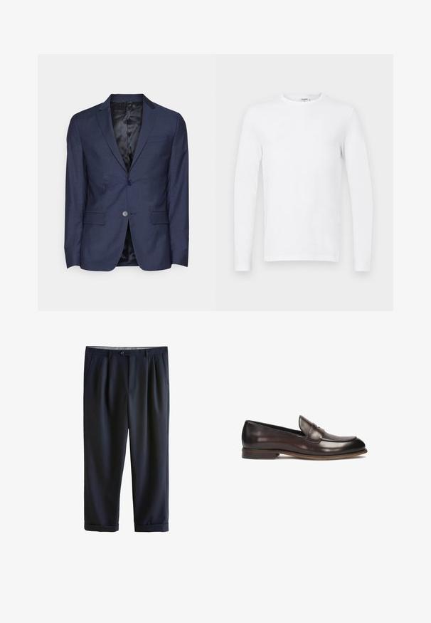 Calvin Klein Tailored MICRO - Jakkesæt blazere - night sky; Langærmet ensfarvet hvid crewneck skjorte vist på en flad, lysegrå baggrund.; Marineblå skræddersyede herrebukser med frontplisser, sidelommer, knaplukning og opsmøgede kanter, vist fladt på hvid baggrund.; Mørkebrune læder loafers med en afrundet tå, hævet syning og en let hæl. Glat tekstur og klassisk design.