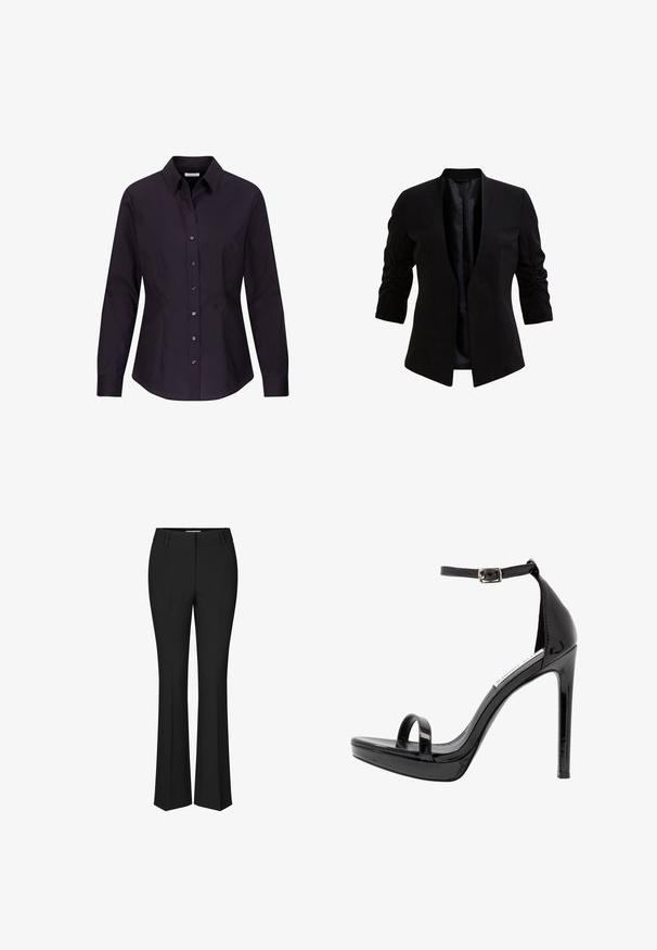 Sort blazer med trekvartærmer, åben front og let rynkning på ærmerne. Glat stof med en satinlignende inderside.; Sort, langærmet, figursyet dame skjorte med knapper, krave og sømdetaljer på siderne, vist på hvid baggrund.; Sorte, lige ben dressbukser med bæltestropper og flad front, vist mod hvid baggrund. Ingen person er synlig.; Steve Madden MILANO - Højhælede sandaletter / Højhælede sandaler - black