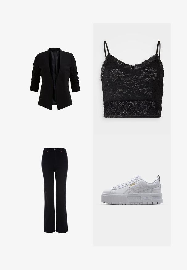 Sort blazer med trekvartærmer, åben front og let rynkning på ærmerne. Glat stof med en satinlignende inderside.; Sort blonderet bralette med justerbare spaghetti-stropper, et blomsterlæs-mønster og en solid sort kant i bunden.; Sorte bukser med højt liv og lige ben med knap- og lynlåslukning, bæltestropper og forlommer.; Hvide platform sneakers med en glat læderoverdel, polstret krave, grå gummisål og gyldne detaljer med Puma-logoet.