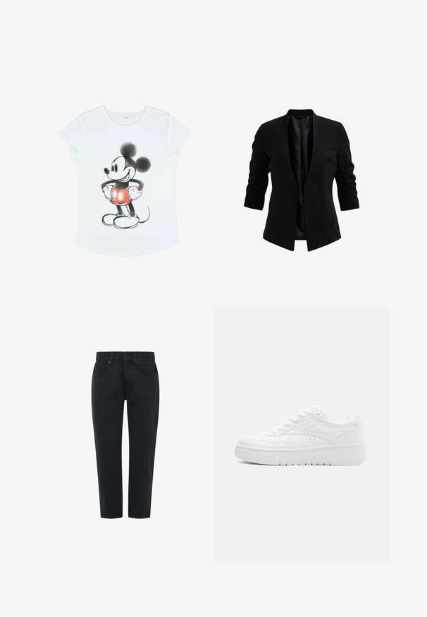 Sort blazer med trekvartærmer, åben front og let rynkning på ærmerne. Glat stof med en satinlignende inderside.; Hvid t-shirt med korte ærmer, der har et grafisk motiv af Mickey Mouse, illustreret i sort og rød med overdimensionerede ører og runde sko.; Sorte denimbukser med lige ben, der har en standard livvidde, bæltesløjfer, to forlommer og en glat overflade.; Lavprofil hvid sneaker med snørelukning, perforerede detaljer på siden og tyk sål på en ensartet lys baggrund.