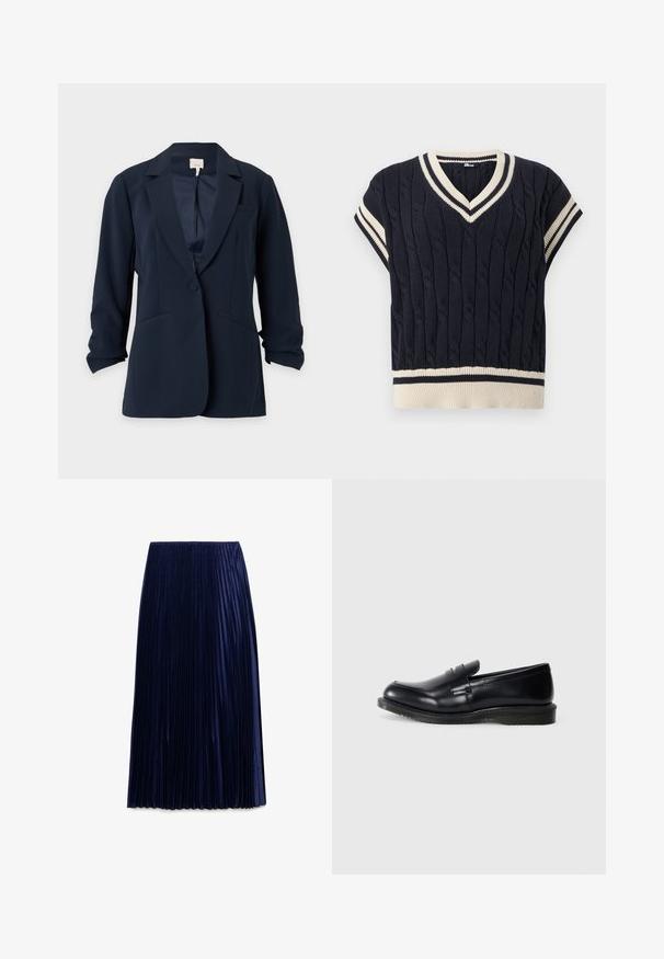 Marineblauw eenknopsblazer met inkeping revers, twee voorzakken en licht gerimpelde mouwen, weergegeven op een effen lichte achtergrond.; Marineblauw kabelgebreid mouwloos sweatervest met witte en marineblauwe gestreepte V-hals, armsgaten en zoom.; Navy geplooide midi-jurk gemaakt van lichte stof met een zachte textuur, voorzien van gelijkmatig verdeelde verticale plooien en een elastische tailleband.; Zwarte leren instapper met een gladde afwerking, ronde neus en gestikte details op de voorkant, met een gestructureerde rubberen zool voor grip.