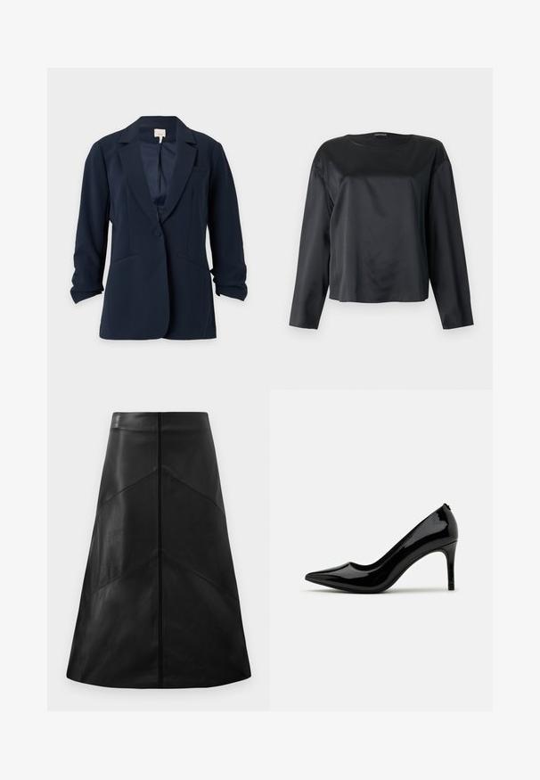 Blazer bleu marine à un bouton avec revers crantés, deux poches avant et manches légèrement froncées, présenté sur un fond clair uni.; Blouse noire en satin à manches longues avec un col rond et une coupe décontractée, présentée à plat sur un fond clair.; Jupe en cuir noir en forme A avec une texture lisse, arborant des motifs de coutures géométriques et une fermeture éclair dissimulée à l'arrière.; Pump à talon haut en cuir verni noir avec un bout pointu et une silhouette épurée, présentant une texture lisse et un design minimaliste.