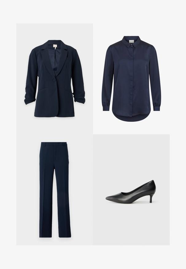 Blazer azul marino con un solo botón, solapas con muesca, dos bolsillos delanteros y mangas ligeramente fruncidas, mostrado sobre un fondo claro y liso.; Blusa azul marino de manga larga con puños abotonados, botones delanteros ocultos y cuello clásico.; Pantalones azul marino de tela suave, con un diseño de pierna recta, pliegues delanteros y bolsillos laterales para un aspecto ajustado.; Zapato de tacón puntiagudo de cuero negro con un tacón bajo en forma de cono, textura suave y un corte bajo en la parte superior para mayor visibilidad del pie.