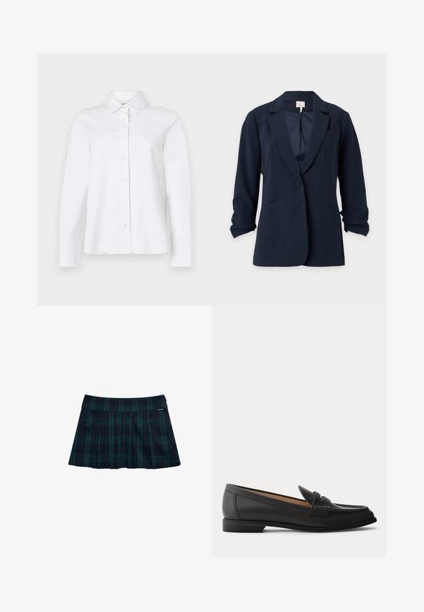 Blazer azul marino con un solo botón, solapas con muesca, dos bolsillos delanteros y mangas ligeramente fruncidas, mostrado sobre un fondo claro y liso.; CLOSED CLASSIC SHIRT WITH STRAP DETAIL - Blusa - white; Falda plisada de cuadros en verde oscuro y azul marino con una cintura lisa y un detalle con logo. Presenta un diseño clásico de pliegues en capas.; Mocasín negro de cuero para mujer con tacón bajo, puntera redondeada y detalles cosidos en la parte superior, mostrado de lado sobre un fondo liso.