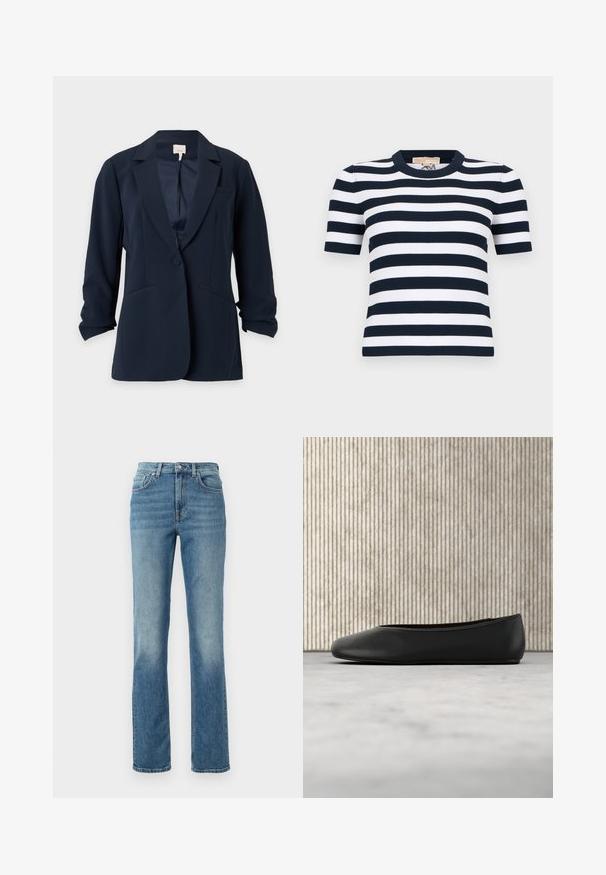 Marineblauw eenknopsblazer met inkeping revers, twee voorzakken en licht gerimpelde mouwen, weergegeven op een effen lichte achtergrond.; Korte mouwen geribd gebreid shirt met marineblauwe en witte horizontale strepen en een ronde hals.; Lichtblauwe denim broek met een rechte pijpdesign, vijf zakken en subtiele vervaging. Voorzien van een metalen knoop en ritssluiting.; Zwarte leren balletflat met een afgeronde neus, een gladde textuur en een gouden logoaccent aan de zijkant. Geplaatst boven een reflecterend oppervlak.