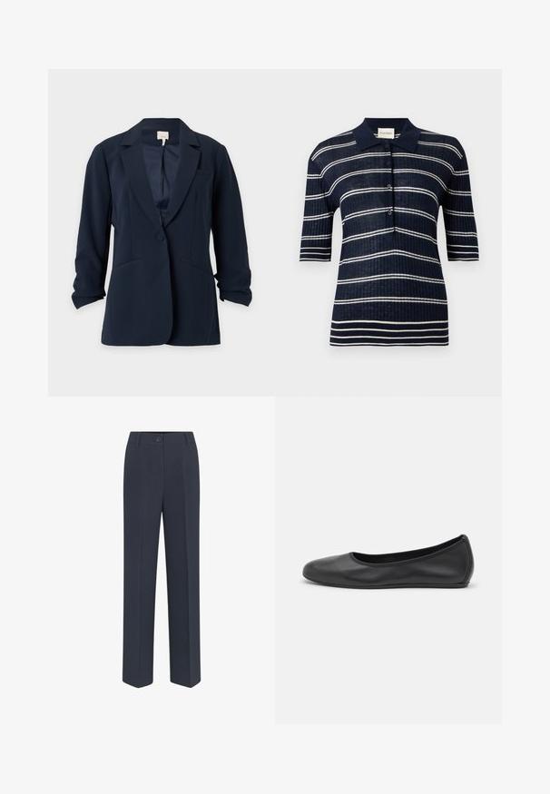 Blazer bleu marine à un bouton avec revers crantés, deux poches avant et manches légèrement froncées, présenté sur un fond clair uni.; Polo bleu marine à manches courtes avec rayures horizontales blanches et patte boutonnée, texture côtelée et col pointu.; Pantalons ajustés bleu marine avec une coupe droite, dotés d'une fermeture à bouton sur le devant et de détails de plis discrets. Texture de tissu lisse.; Ballerines en cuir noir avec un bout rond, texture lisse, détails de couture minimalistes et design de semelle flexible.
