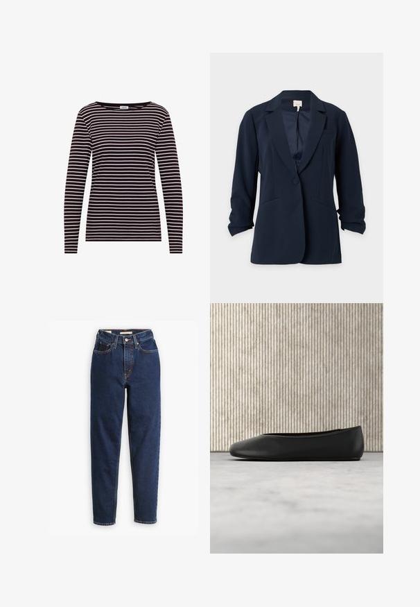 Blazer bleu marine à un bouton avec revers crantés, deux poches avant et manches légèrement froncées, présenté sur un fond clair uni.; T-shirt à manches longues avec un col rond, présentant des rayures horizontales noires et blanches dans un tissu doux et extensible. Étiquette de marque : CEYIL.; Jean en denim bleu foncé avec une taille haute, un design à cinq poches et des jambes droites. Couture contrastée et fermeture à boutons.; Ballerine en cuir noir avec un bout arrondi, texture lisse et un accent logo doré sur le côté. Placée au-dessus d'une surface réfléchissante.